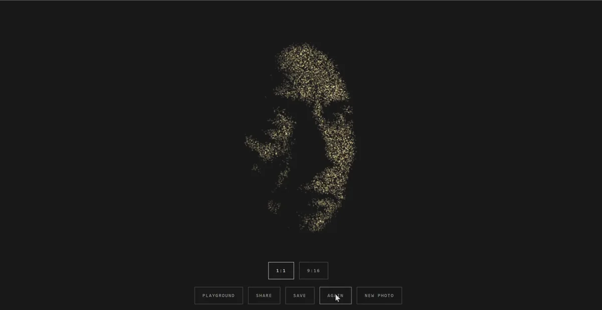 A human face rendered as thousands of pale gold particles suspended on a black background, produced by the phone app from a single photograph