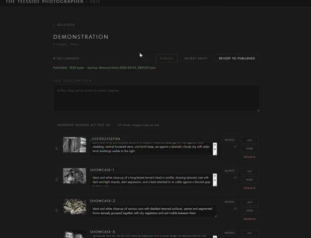 Screenshot of the private control panel for this site: a dark interface headed The Teesside Photographer, showing a gallery being edited with publish, revert draft and revert to published controls, an SEO description field, and rows of images with alt text