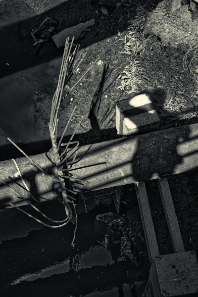 Wires and debris on concrete