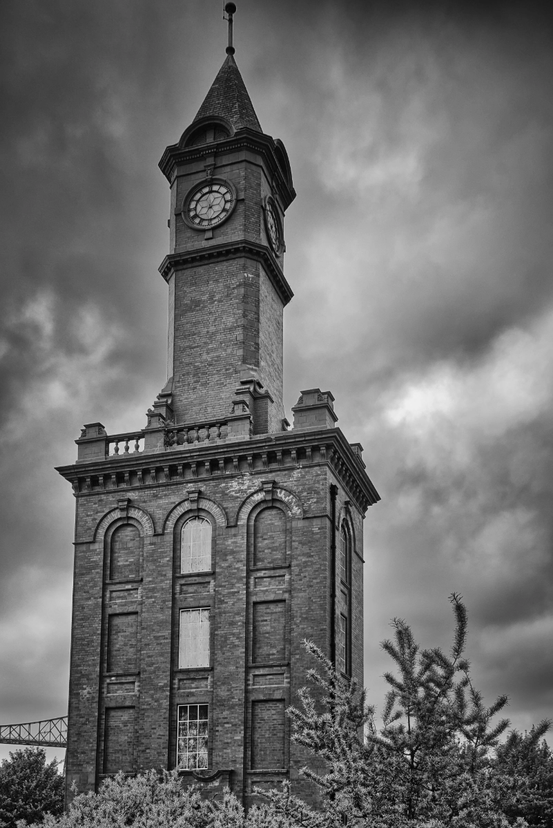 Victorian hydraulic clock tower against a grey sky, Middlesbrough