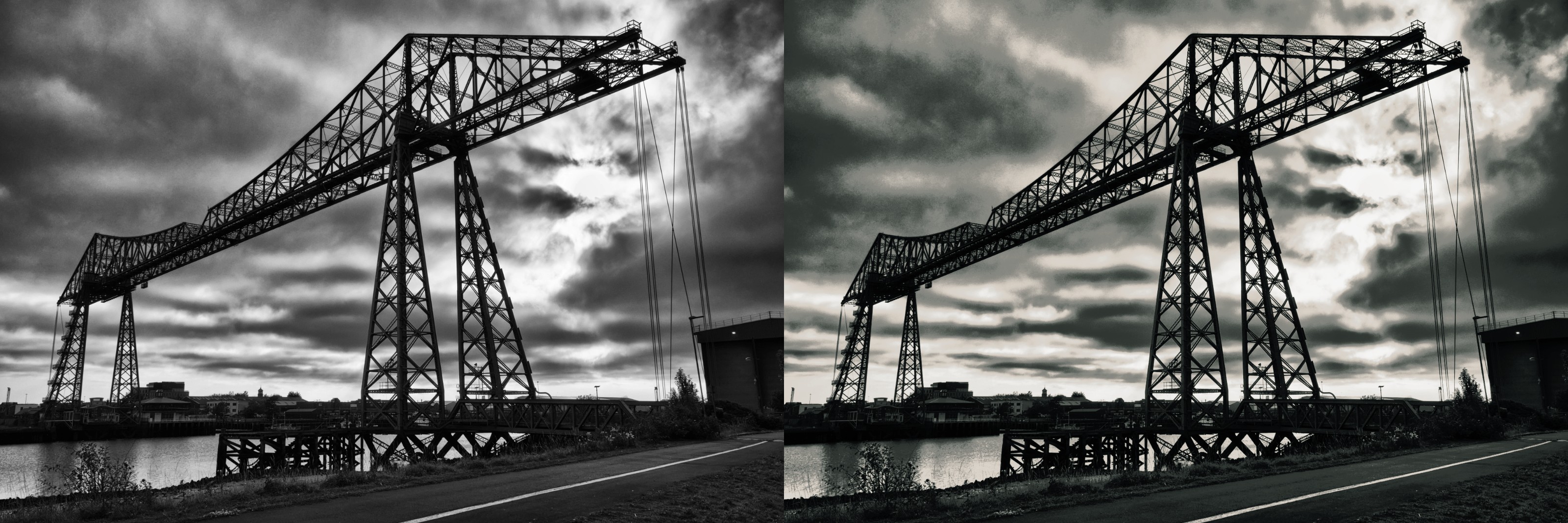 Transporter Bridge — original left, Middlesbrough Iron grade right