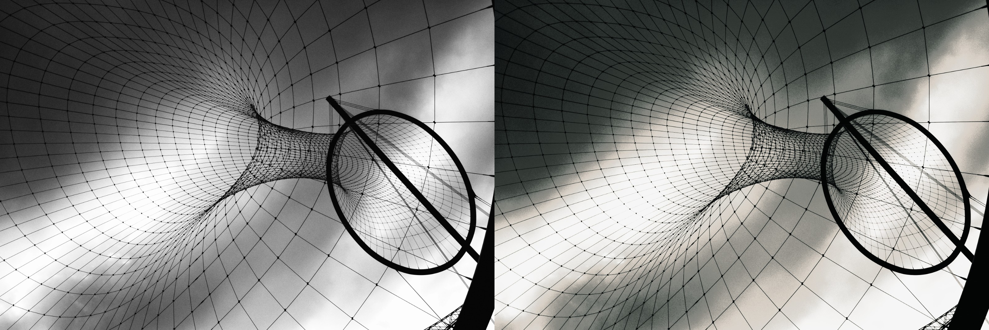 Temenos, monochrome — original left, graded right