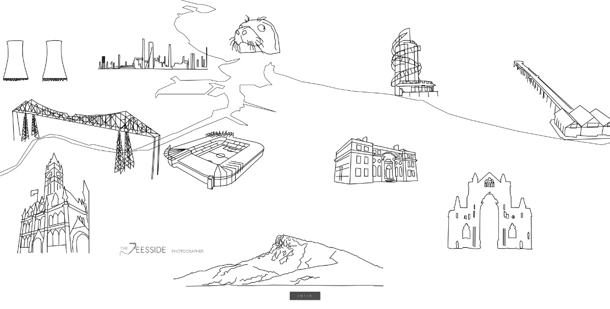 The completed animation: Teesside landmarks drawn in line — Transporter Bridge, cooling towers, Roseberry Topping, the seal, Whitby Abbey