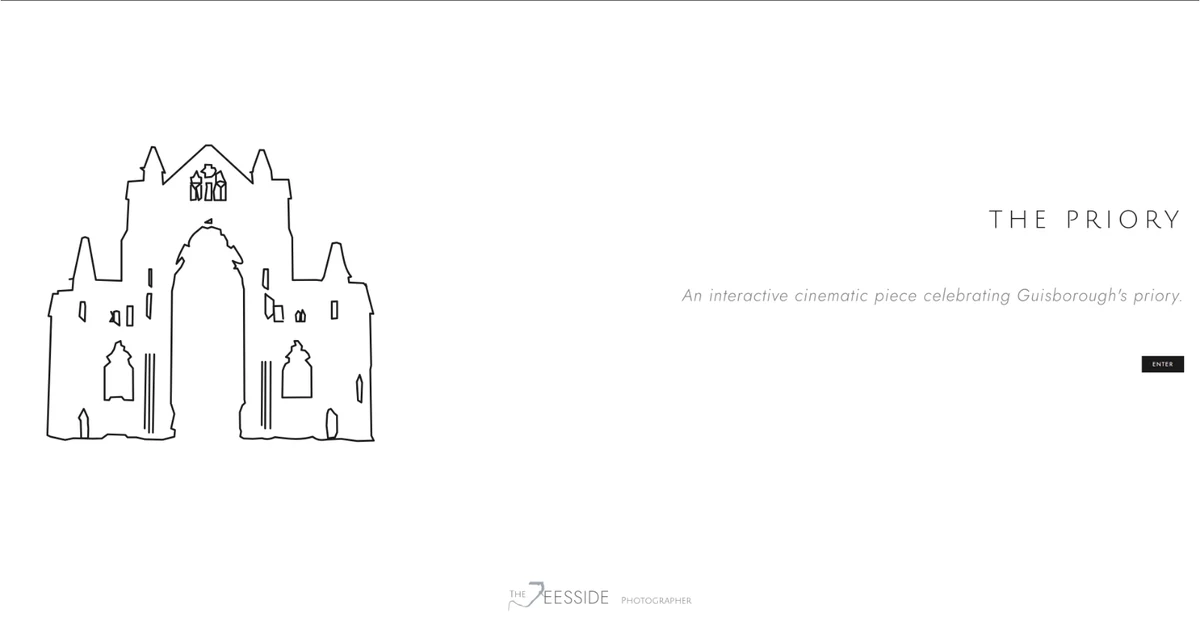The opening screen of the piece: a line drawing of the priory's east end beside the title, The Priory